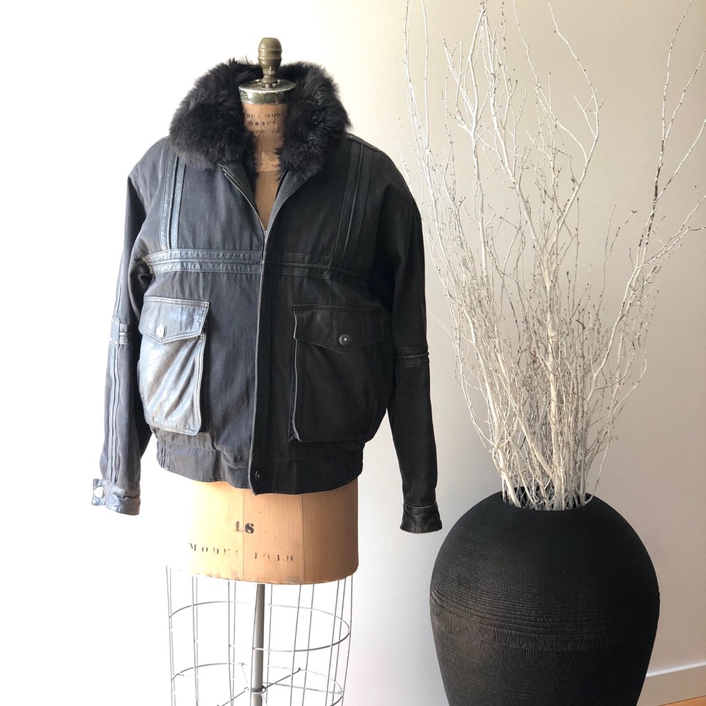 Denim & Leather Jacket with Real Opposum Fur Vintage Jacket